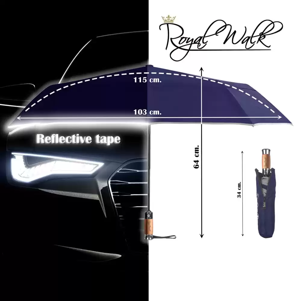 large windproof umbrella for rain compact - real wood handle light reflective strip navy blue