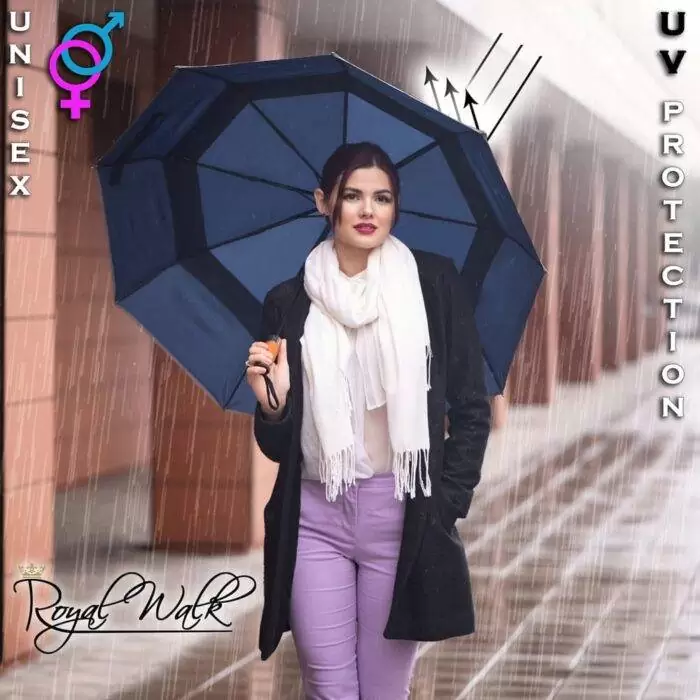 large folding windproof umbrella for rain with uv protection - real wood handle light reflective strip - navy blue 1