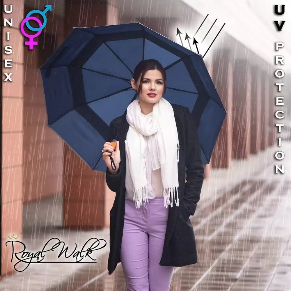 large folding windproof umbrella for rain with uv protection - real wood handle light reflective strip - navy blue 1