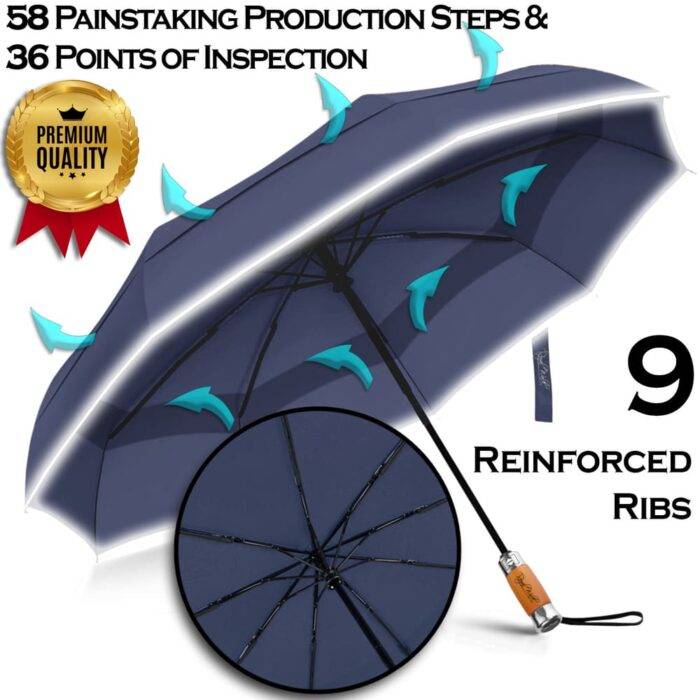 Folding Windproof Umbrella for Rain Vented Double Canopy with Real Wood Handle and Automatic Open & Close 41 inch (103 cm) diameter – Navy Blue 37 Luxurious large windproof umbrella for rain - vented double canopy navy blue 1