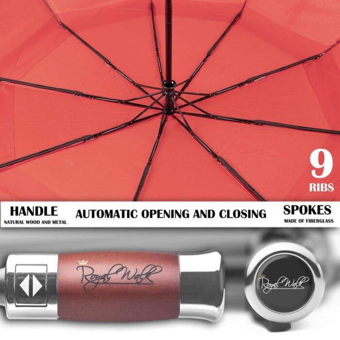 Folding Windproof Umbrella for Women Vented Double Canopy with Real Wood Handle and Automatic Open & Close 41 inch (103 cm) diameter – Red 41 Luxurious folding windproof umbrella for rain - fast drying fabric with real wood handle red 3