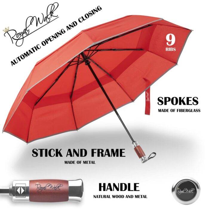 Folding Windproof Umbrella for Women Vented Double Canopy with Real Wood Handle and Automatic Open & Close 41 inch (103 cm) diameter – Red 34 Luxurious large windproof umbrella for rain - fast drying fabric with real wood handle and double canopy red 6