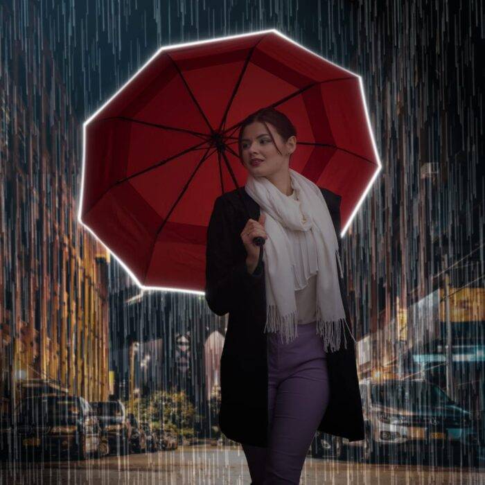 Folding Windproof Umbrella for Women Vented Double Canopy with Real Wood Handle and Automatic Open & Close 41 inch (103 cm) diameter – Red 38 automatic folding windproof umbrella for rain compact - real wood handle light reflective strip - red 4