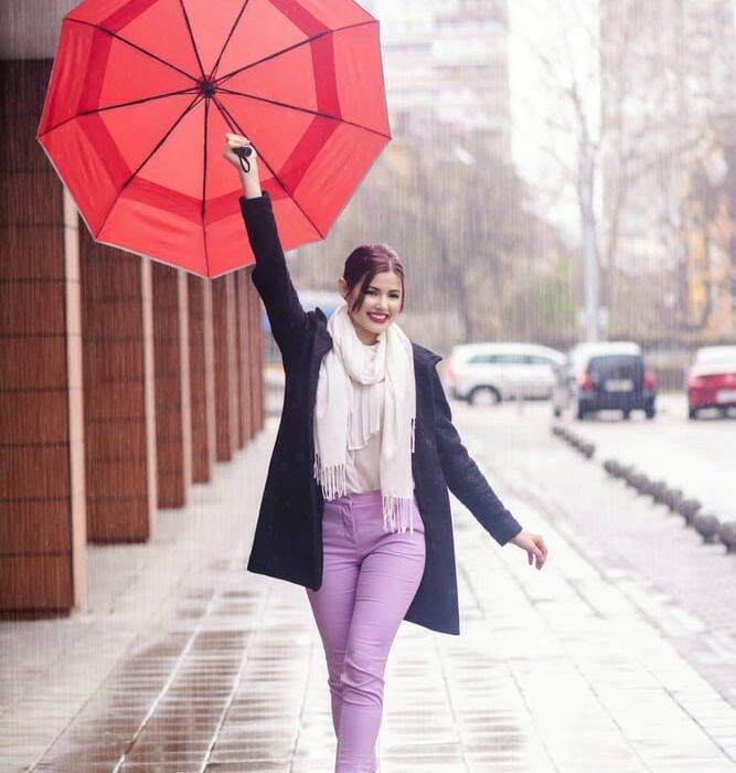 Folding Windproof Umbrella for Women Vented Double Canopy with Real Wood Handle and Automatic Open & Close 41 inch (103 cm) diameter – Red 43 large folding windproof women umbrella for rain with uv protection - real wood handle light reflective strip - red 5