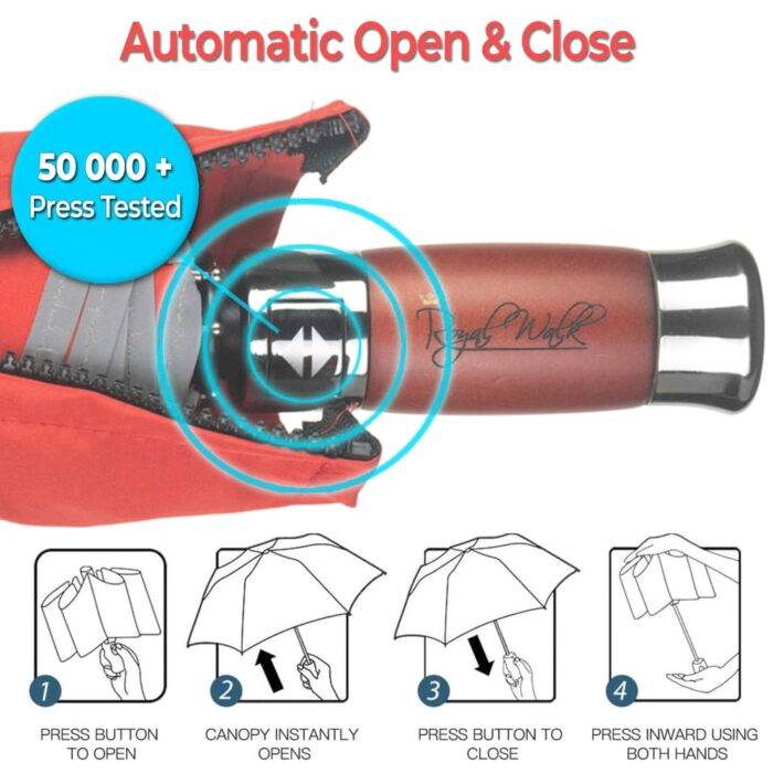 Folding Windproof Umbrella for Women Vented Double Canopy with Real Wood Handle and Automatic Open & Close 41 inch (103 cm) diameter – Red 33 Automatic folding windproof umbrella for rain - fast drying fabric with real wood handle red 5