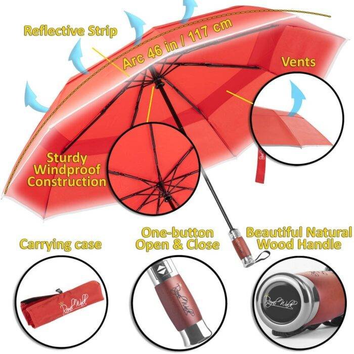 Paraguas plegables resistentes a prueba de viento irrompibles con mango de  madera para mujeres y hombres, paquete de 2 unidades