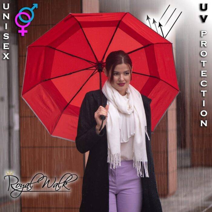 Folding Windproof Umbrella for Women Vented Double Canopy with Real Wood Handle and Automatic Open & Close 41 inch (103 cm) diameter – Red 42 large folding windproof women umbrella for rain with uv protection - real wood handle light reflective strip - red 4