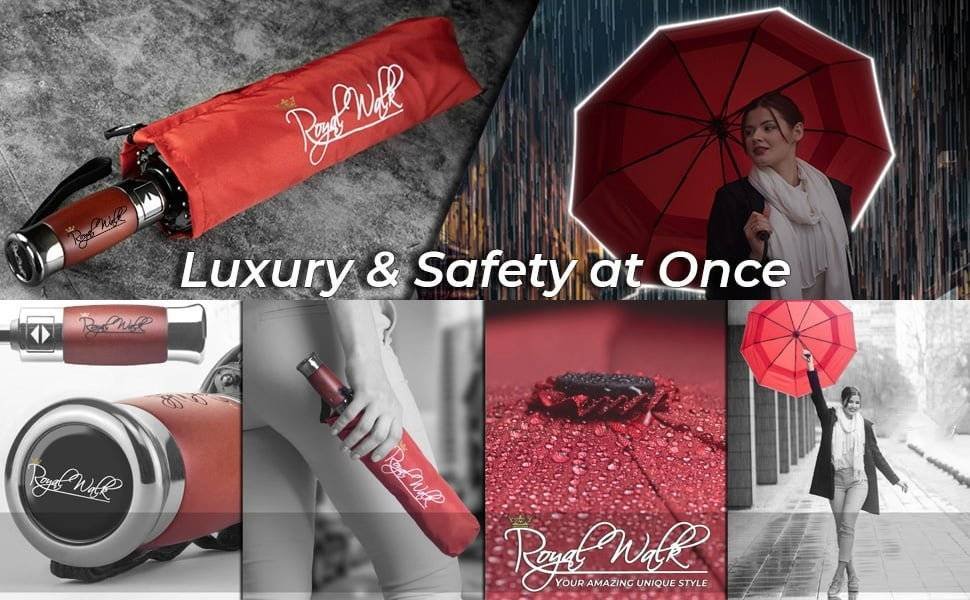 Royal Walk Windproof Folding Travel Umbrella Compact and Strong Luxurious Real Wood Handle Automatic Open Close Vented Double Canopy for Men and