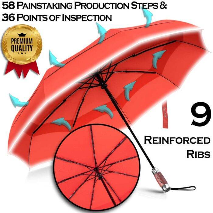 Folding Windproof Umbrella for Women Vented Double Canopy with Real Wood Handle and Automatic Open & Close 41 inch (103 cm) diameter – Red 39 Luxurious large windproof womens umbrella for rain - vented double canopy red 1