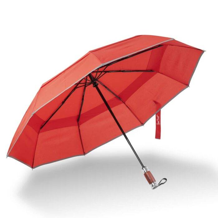 Folding Windproof Umbrella for Women Vented Double Canopy with Real Wood Handle and Automatic Open & Close 41 inch (103 cm) diameter – Red 51 Luxurious large folding windproof womens umbrella for rain - fast drying fabric with real wood handle and double canopy red 1