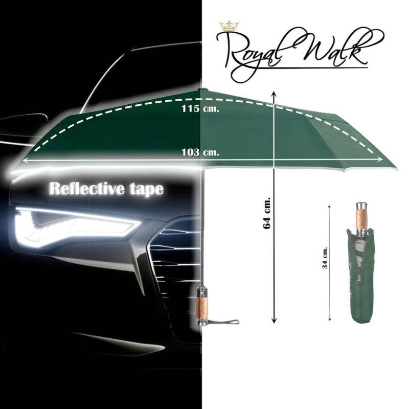 large windproof umbrella for rain - real wood handle and light reflective strip dark green 1