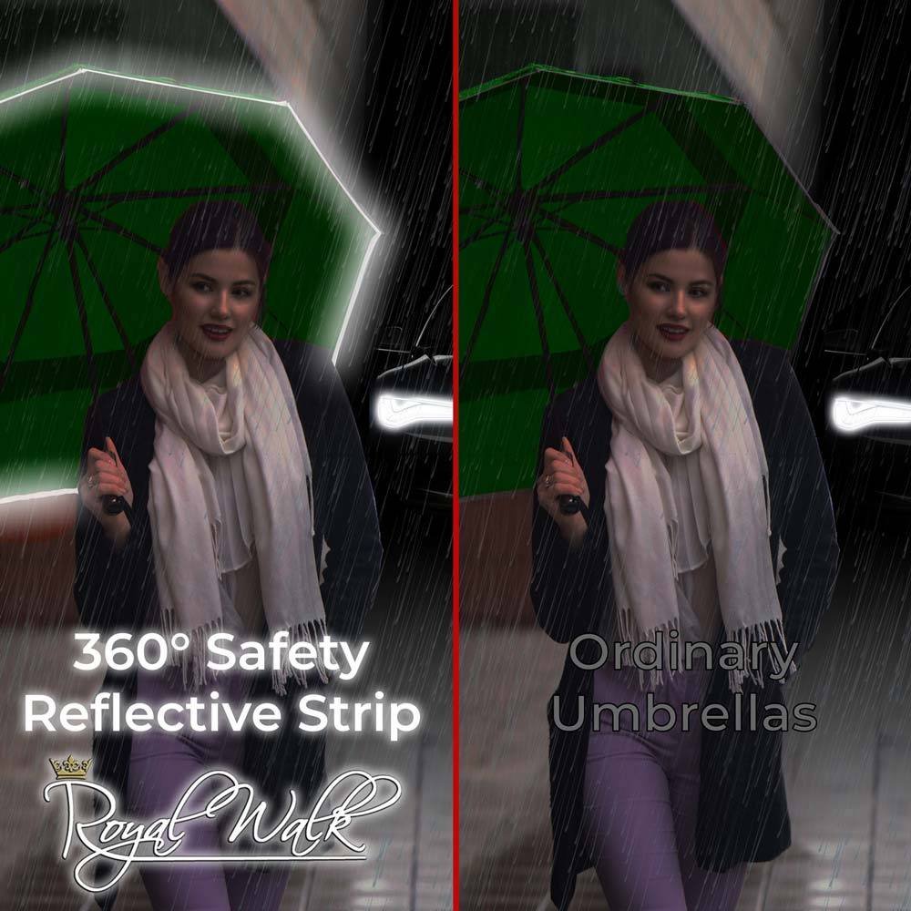 Large folding umbrella for rain compact with light reflective strip - dark green