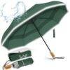 Lujoso paraguas plegable a prueba de viento para la lluvia - tela de secado rápido con mango de madera real y doble capota verde oscuro 17