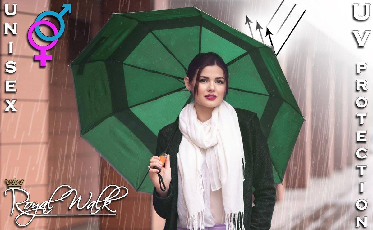 large folding travel umbrella for rain with uv protection dark green