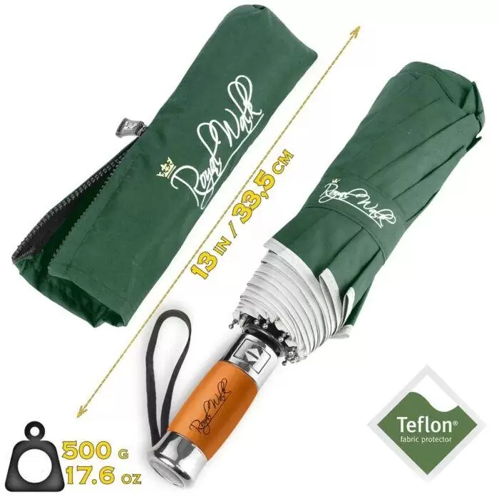 Luxurious automatic travel folding umbrella for rain - fast drying fabric with real wood handle dark green 1
