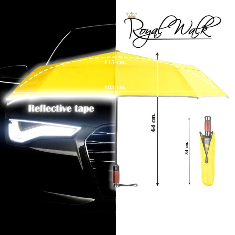 large windproof umbrella for rain - real wood handle and light reflective strip yellow