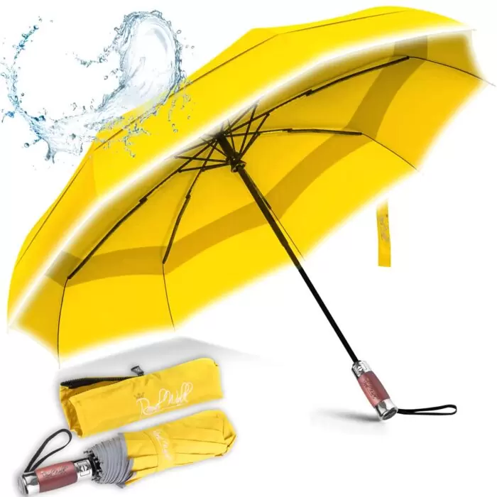 Luxurious folding windproof umbrella for rain - fast drying fabric with real wood handle and double canopy yellow 17