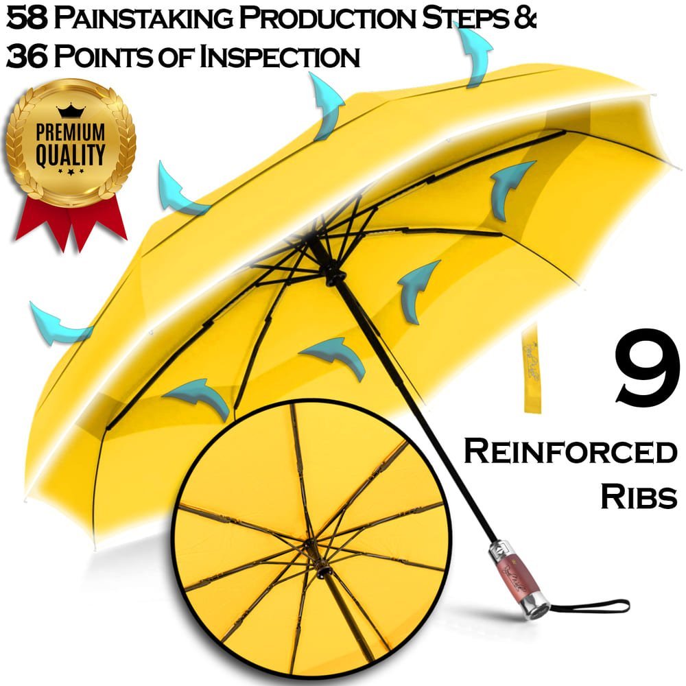 Luxurious large windproof umbrella for rain - high quality and double canopy yellow