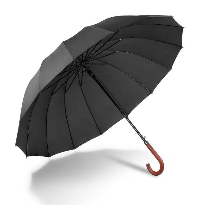 Windproof large umbrella - strong luxurious umbrella with wood handle and shoulder strap black 6