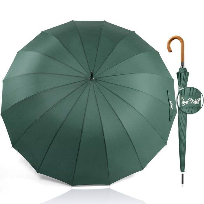 Paraguas grande a prueba de viento - paraguas fuerte y lujoso con mango de madera y correa para el hombro 120 cm verde oscuro 3