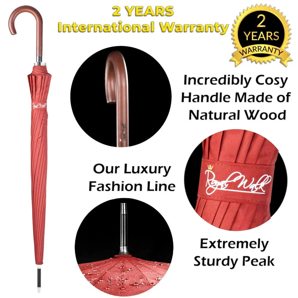 Large stick umbrella - strong luxurious umbrella with wood handle red 54