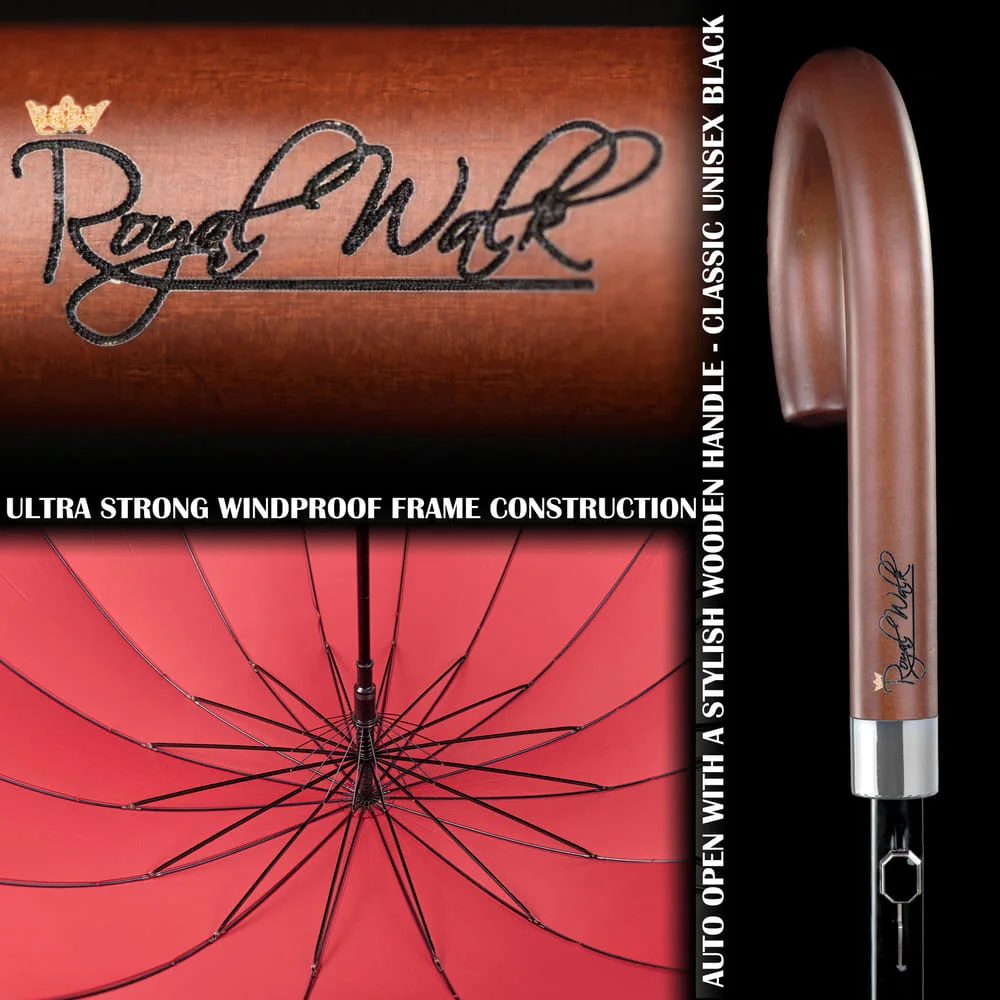 Large stick umbrella - luxurious wood handle red