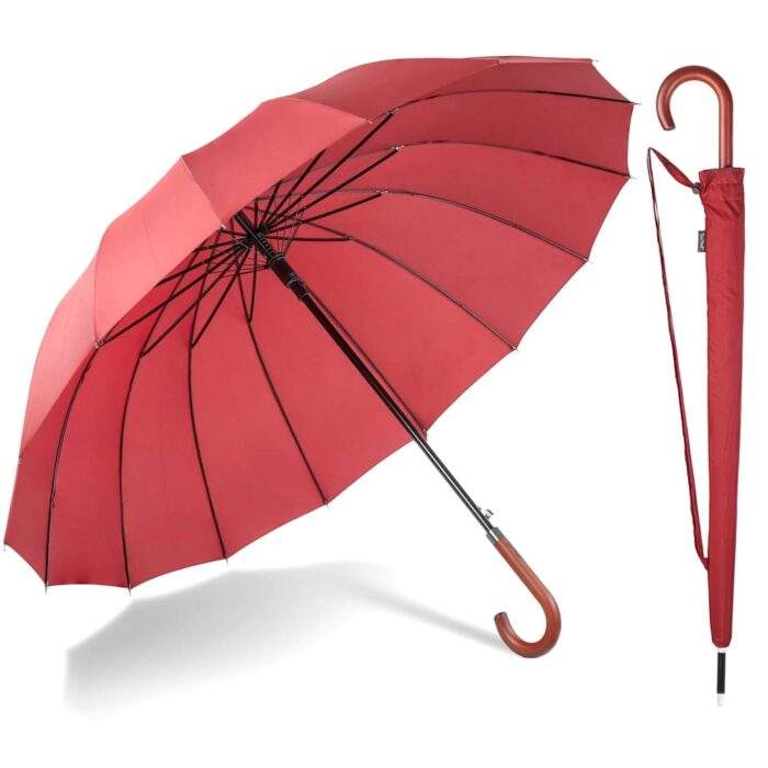 Windproof large umbrella - strong luxurious umbrella with wood handle and shoulder strap red 5