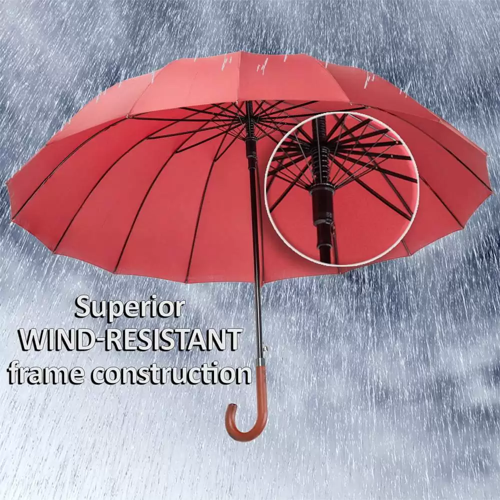 Large windproof umbrella - sturdy strong construction with 16 ribs - red