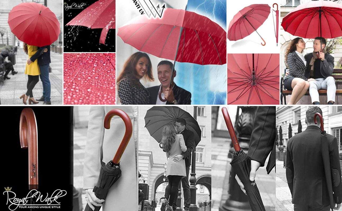 Large windproof umbrella - luxurious wood handle for 2 people red 3