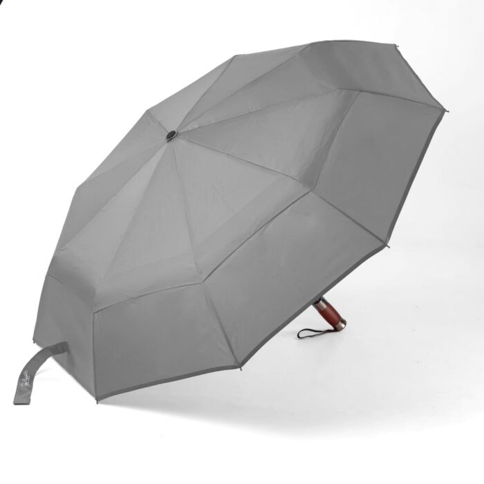 large folding windproof umbrella for rain - fast drying fabric with real wood handle and double canopy grey 1