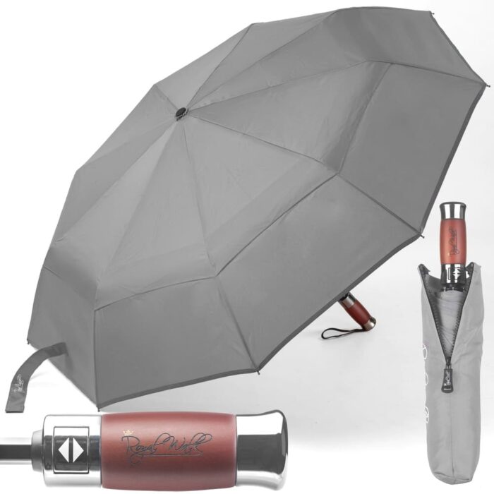 large folding windproof umbrella for rain - fast drying fabric with real wood handle and double canopy grey 1-1