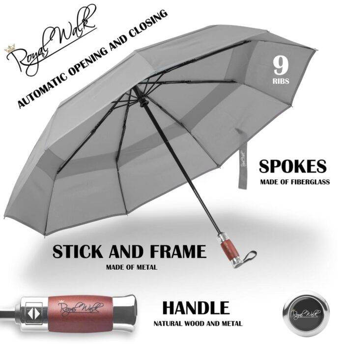 Luxurious large windproof umbrella for rain - fast drying fabric with real wood handle and double canopy grey 6