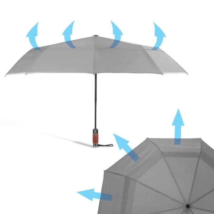 large folding windproof umbrella for rain - fast drying fabric with real wood handle and double canopy grey
