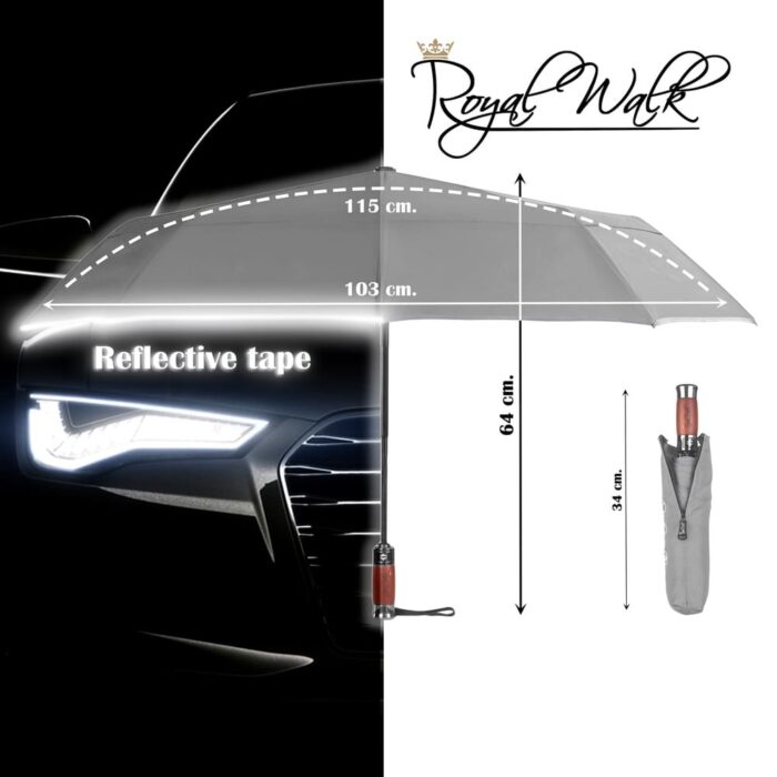 large windproof umbrella for rain - real wood handle and light reflective strip grey