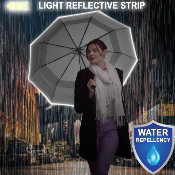 light reflective umbrella for rain - folding windproof umbrella real wood handle - grey 3-3