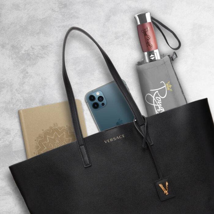 compact folding umbrella for rain for travel - real wood handle grey 4