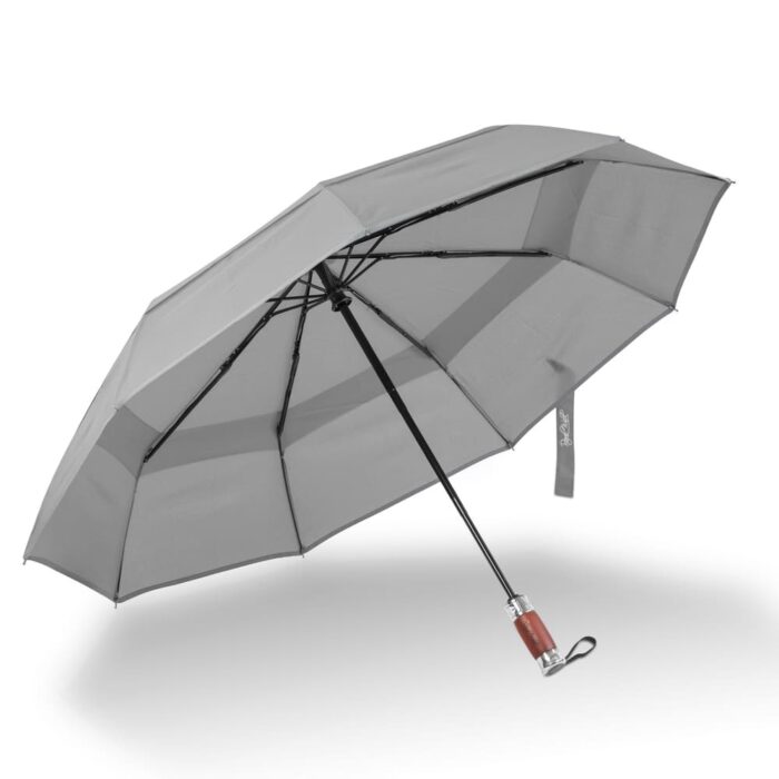 large folding windproof umbrella for rain - fast drying fabric with real wood handle and double canopy grey 4