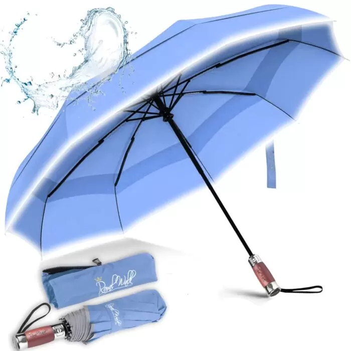 Luxurious folding windproof umbrella for rain - fast drying fabric with real wood handle and double canopy slate blue 17