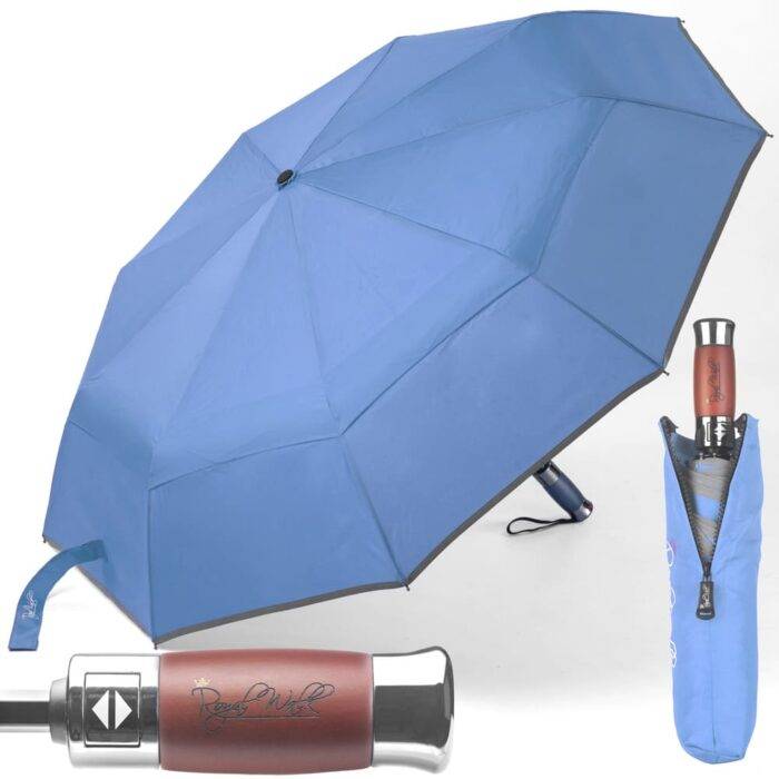 Folding Windproof Umbrella for Rain Vented Double Canopy with Real Wood Handle and Automatic Open & Close 41 inch (103 cm) diameter – Light Blue 46 large folding windproof umbrella for rain - fast drying fabric with real wood handle and double canopy slate blue 1-1