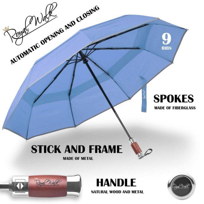 Folding Windproof Umbrella for Rain Vented Double Canopy with Real Wood Handle and Automatic Open & Close 41 inch (103 cm) diameter – Light Blue 34 Luxurious large windproof umbrella for rain - fast drying fabric with real wood handle and double canopy slate blue 6