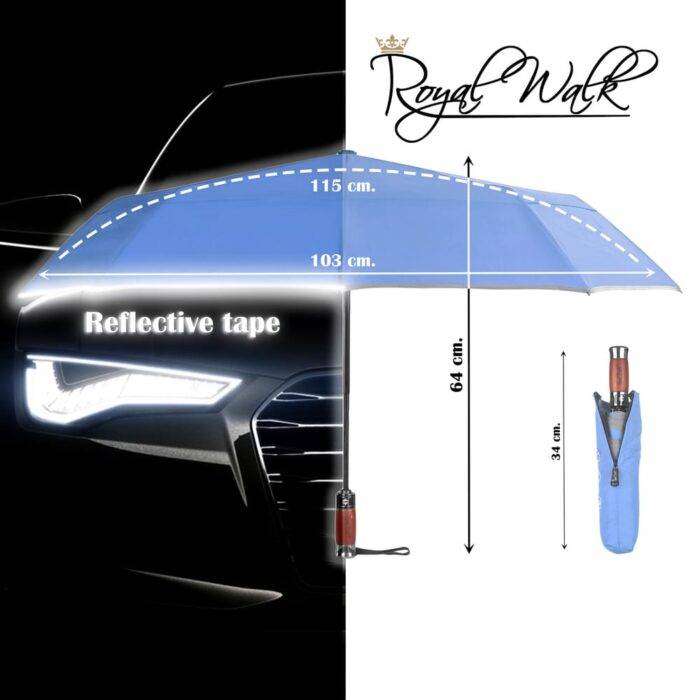 Folding Windproof Umbrella for Rain Vented Double Canopy with Real Wood Handle and Automatic Open & Close 41 inch (103 cm) diameter – Light Blue 36 large windproof umbrella for rain - real wood handle and light reflective strip slate blue