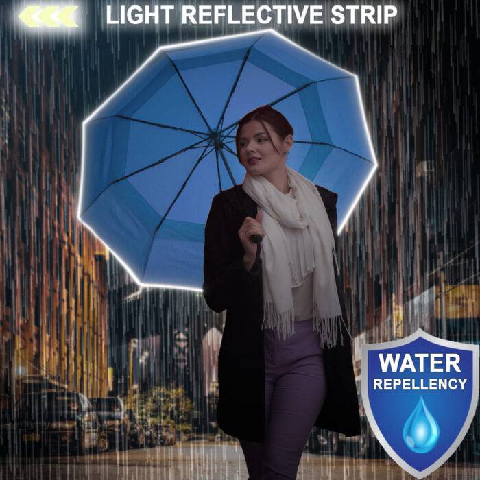 Folding Windproof Umbrella for Rain Vented Double Canopy with Real Wood Handle and Automatic Open & Close 41 inch (103 cm) diameter – Light Blue 38 light reflective umbrella for rain - folding windproof umbrella real wood handle - slate blue 3-3