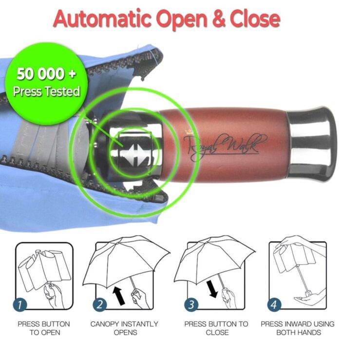 Folding Windproof Umbrella for Rain Vented Double Canopy with Real Wood Handle and Automatic Open & Close 41 inch (103 cm) diameter – Light Blue 33 Automatic folding umbrella for rain - fast drying fabric with real wood handle slate blue 5