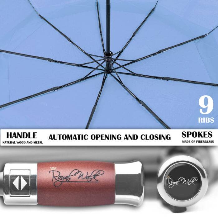 Folding Windproof Umbrella for Rain Vented Double Canopy with Real Wood Handle and Automatic Open & Close 41 inch (103 cm) diameter – Light Blue 42 Luxurious large windproof umbrella for rain - vented double canopy and strong construction slate blue 11