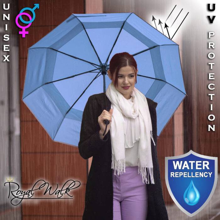 Folding Windproof Umbrella for Rain Vented Double Canopy with Real Wood Handle and Automatic Open & Close 41 inch (103 cm) diameter – Light Blue 41 large folding windproof umbrella for rain with uv protection - real wood handle light reflective strip - slate blue 3