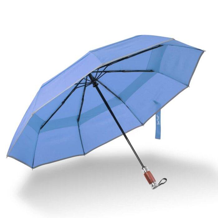 Folding Windproof Umbrella for Rain Vented Double Canopy with Real Wood Handle and Automatic Open & Close 41 inch (103 cm) diameter – Light Blue 50 large folding windproof umbrella for rain - fast drying fabric with real wood handle and double canopy slate blue 4