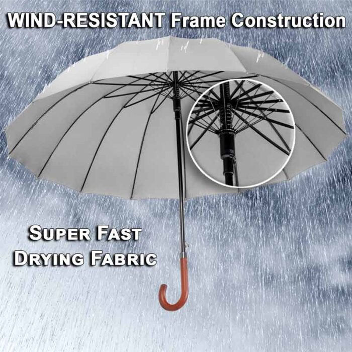 Large Umbrella for Rain, Walking Stick with Real Wood Handle, Automatic Open, 16 Ribs, 54 Inch Arc, 120cm Diameter - Grey 26 Large Umbrella for Rain Luxury strong windproof big umbrella stick with wooden handle - grey 2