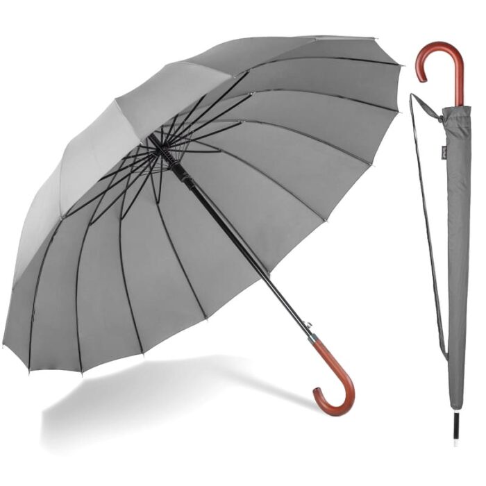 Large Umbrella for Rain, Walking Stick with Real Wood Handle, Automatic Open, 16 Ribs, 54 Inch Arc, 120cm Diameter - Grey 32 Large Umbrella for Rain luxury umbrella big diameter stick with strong construction - grey 1