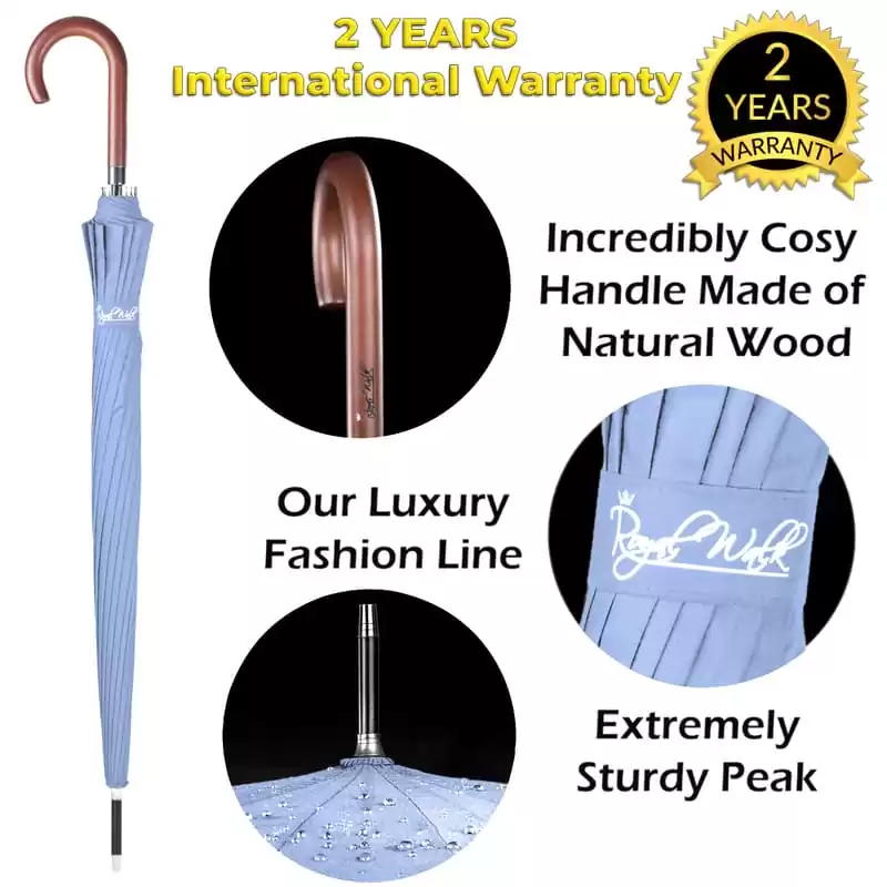 Walking stick umbrella with wood hook handle - slate blue Walking stick umbrella with wood hook handle - slate blue