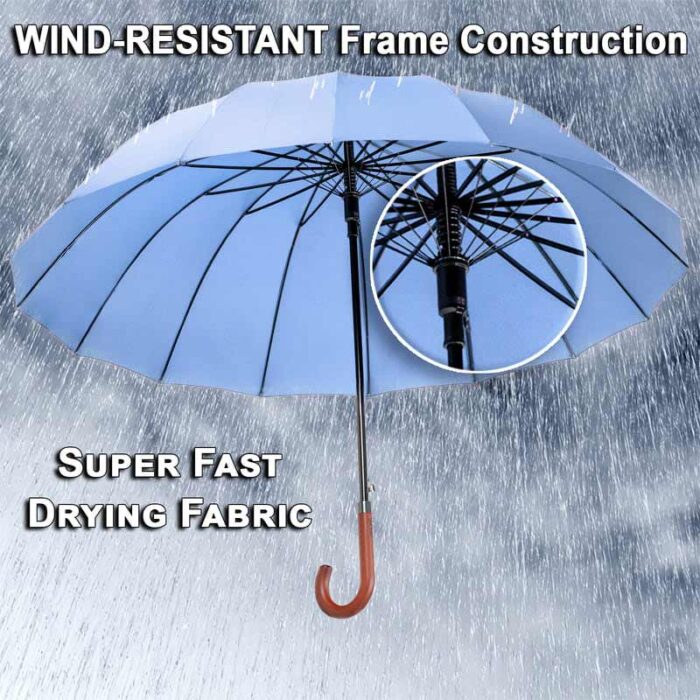 Large Umbrella for Rain, Walking Stick with Real Wood Handle, Automatic Open, 16 Ribs, 54 Inch Arc, 120cm Diameter - Light Blue 24 Large Umbrella for Rain Luxury strong windproof big umbrella stick with wooden handle - slate blue